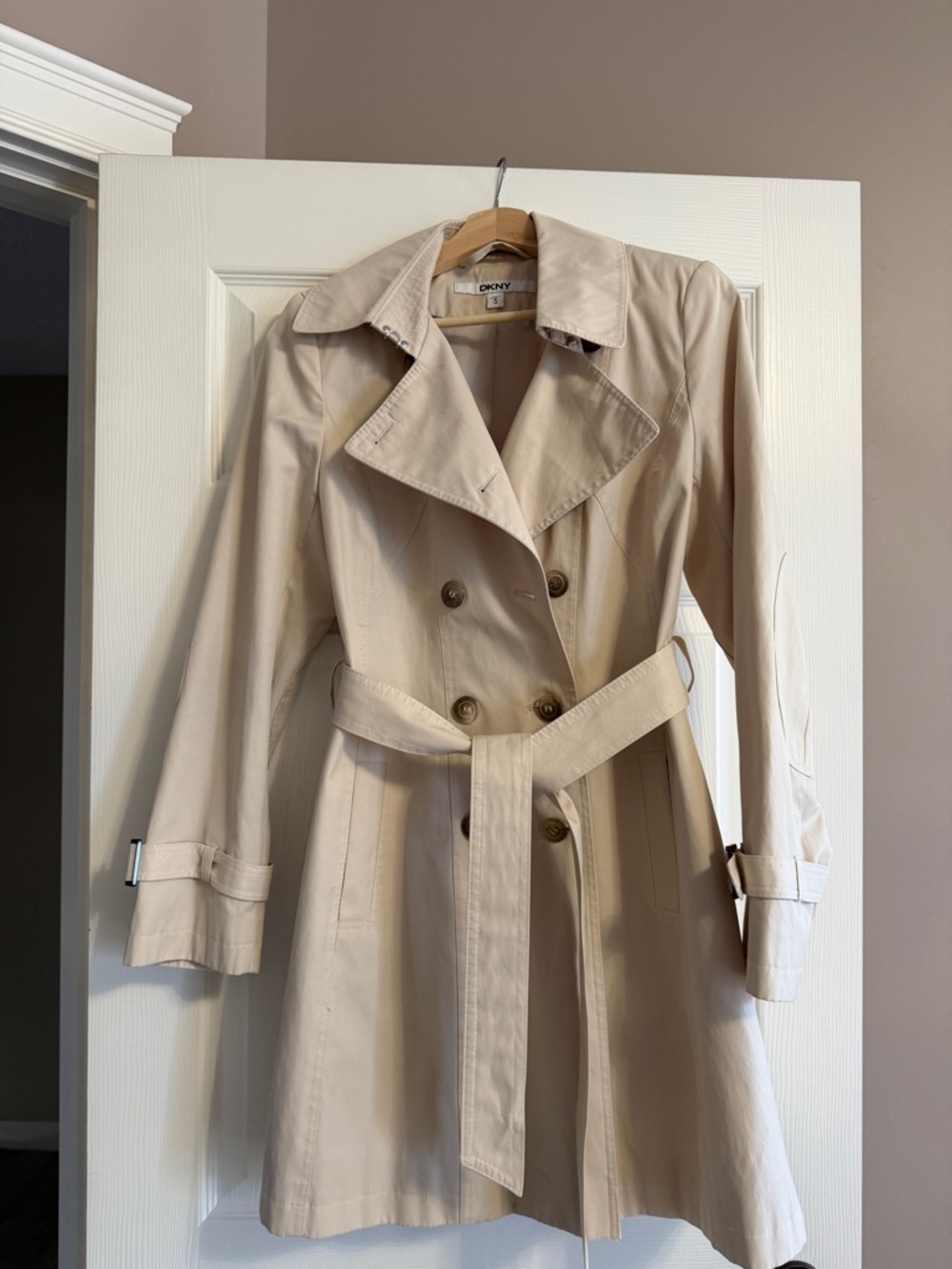 DKNY Beige Double-Breasted Trench Coat with Belt